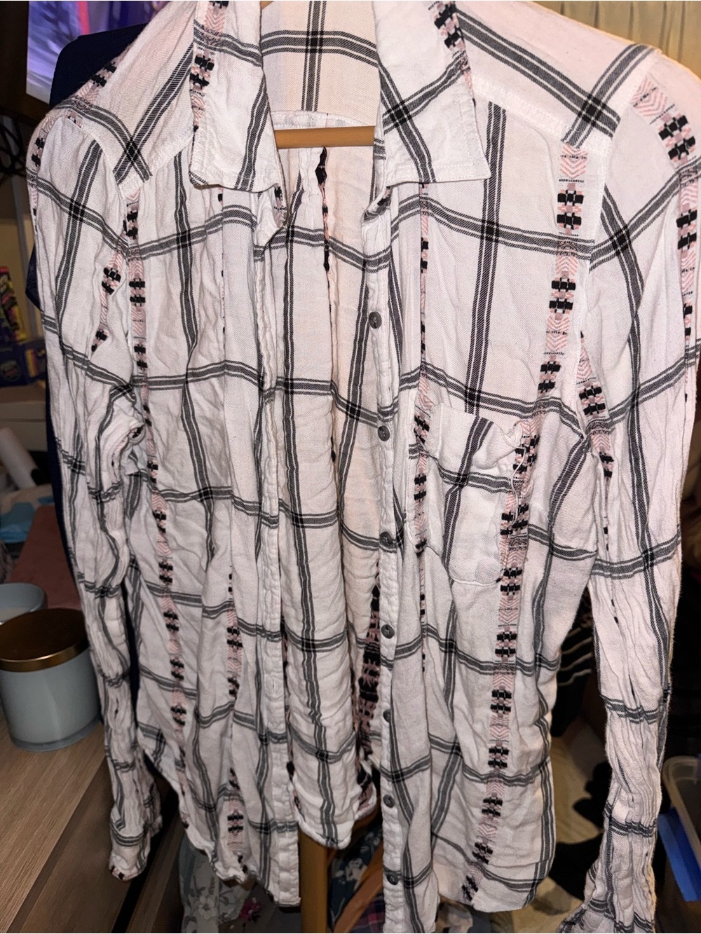 Maurices Women's Button-Down Plaid Shirt in Light Pink and Black